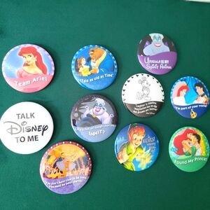 Disney Themed Button Pin Set Of 10 Princesses, Mickey, Ursula